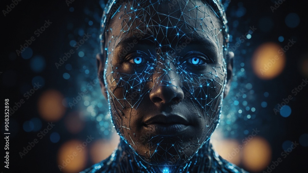 A futuristic portrayal of a human with glowing blue eyes and a digital neural network pattern overlay, symbolizing advanced technology and artificial intelligence.
A futuristic portrayal of a human with glowing blue eyes and a digital neural network pattern overlay, symbolizing advanced technology and artificial intelligence.