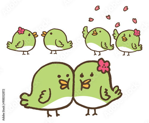 緑色で丸くてかわいいうぐいすのような鳥のキャラ素材