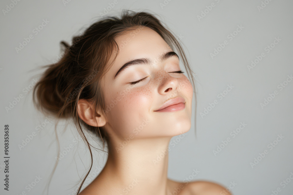 A close up of a girl's face with her eyes closed