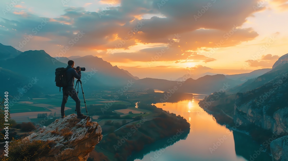 A photographer stands on a clifftop capturing a sunset over a lake and mountain range. A photographer stands on a clifftop capturing a sunset over a lake and mountain range.