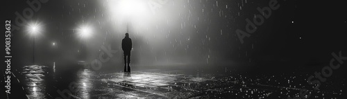 A moody portrait of a solitary figure standing under a streetlight on a rainy night, with reflections on wet pavement, Black and white, Photography, Somber mood