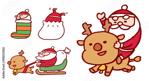 クリスマスのサンタとトナカイの面白ろ可愛いキャラ素材