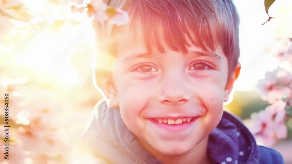 A young boy with a mischievous grin peeks out from behind a of pink cherry blossoms. His bright eyes reveal his excitement and playful nature. A young boy with a mischievous grin peeks out from behind a of pink cherry blossoms. His bright eyes reveal his excitement and playful nature.