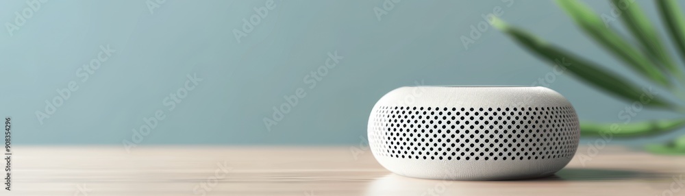 A close-up of a sleek, white smart speaker placed on a wooden surface against a blue background, showcasing modern technology. A close-up of a sleek, white smart speaker placed on a wooden surface against a blue background, showcasing modern technology.