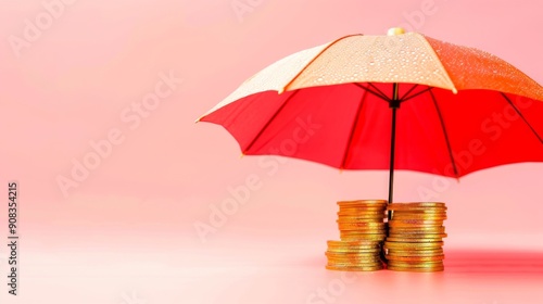 Wallpaper Mural Red Umbrella Protecting Golden Coins on Pink Background Torontodigital.ca