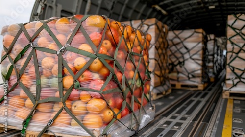 Fototapeta Naklejka Na Ścianę i Meble -  Pallets of fresh fruits securely wrapped and loaded in an airplane cargo hold, highlighting the logistics of transporting perishable goods.