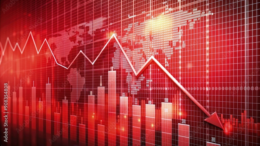 Red digital business graph background. Stock market financial investment chart data, global economy currency growth price increase or decrease down report, trend arrow, crash, crisis, loss, risk Red digital business graph background. Stock market financial investment chart data, global economy currency growth price increase or decrease down report, trend arrow, crash, crisis, loss, risk