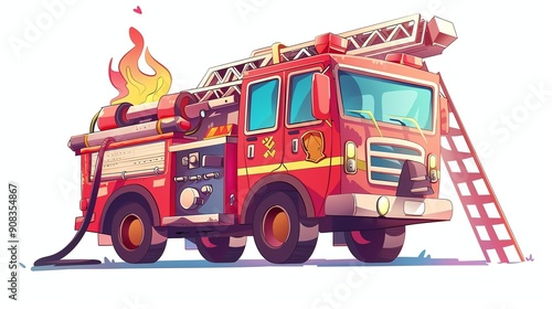 A cartoon illustration of a red firetruck with a ladder.