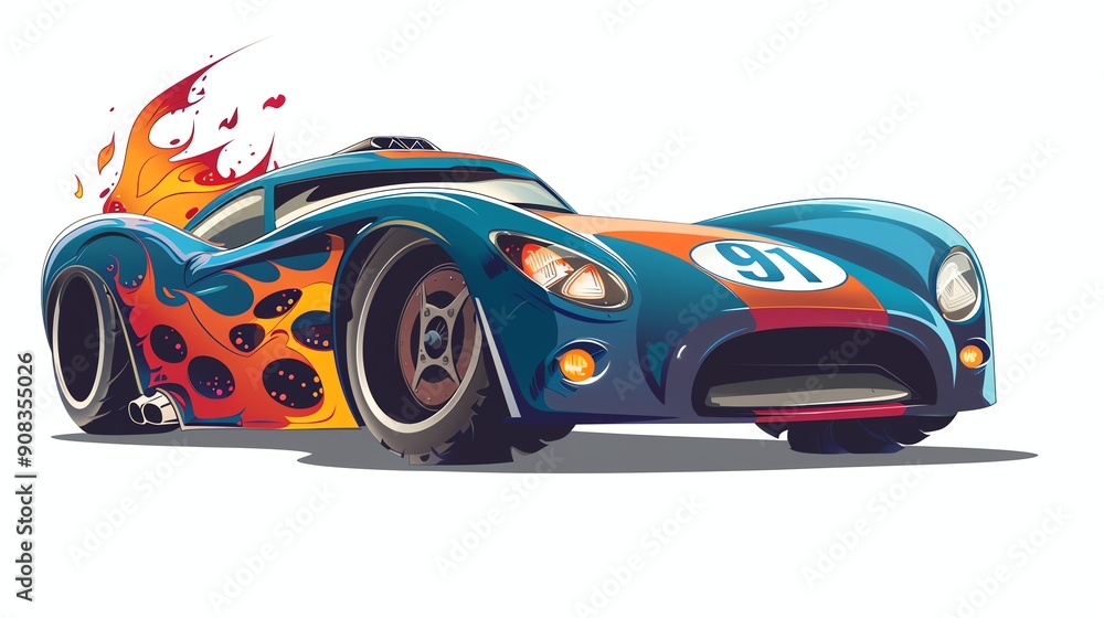 Fototapeta premium A cartoon image of a blue race car with flames coming from the side.
