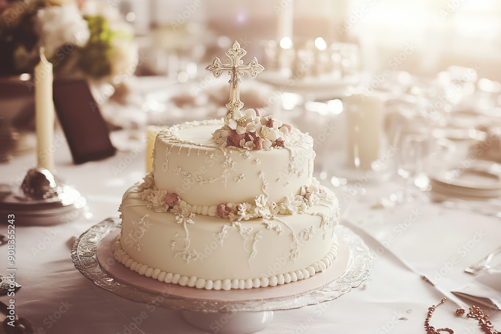 Elegant Communion Cake with Cross Topper on Decorated Table Elegant Communion Cake with Cross Topper on Decorated Table