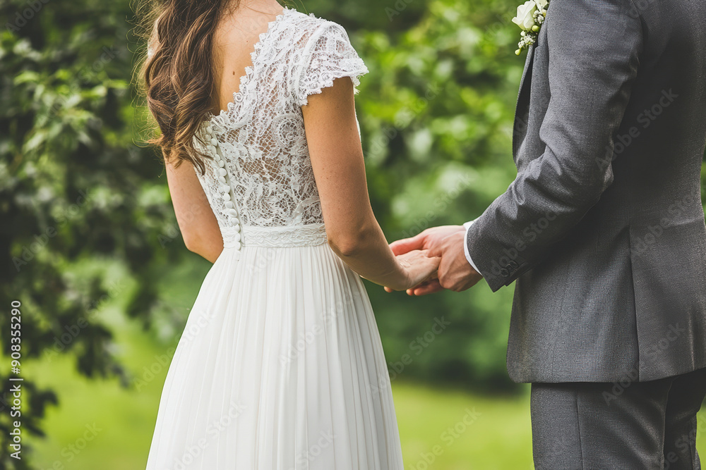 Bride and Groom Holding Hands During Wedding Ceremony Outdoors.. Bride and Groom Holding Hands During Wedding Ceremony Outdoors..