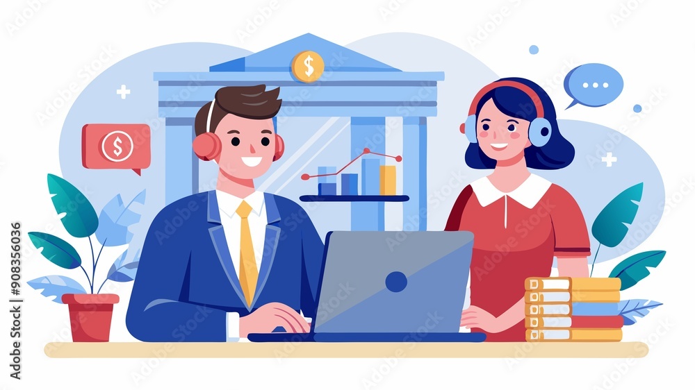 This scene showcases a representative providing support to a customer, ensuring a clear understanding of banking services and promoting financial literacy. Customer Service Representatives are here to This scene showcases a representative providing support to a customer, ensuring a clear understanding of banking services and promoting financial literacy. Customer Service Representatives are here to