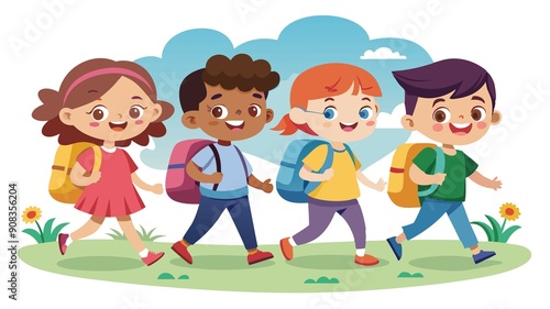A group of young children walking together on their first day, symbolizing the enduring tradition of friendship. A sense of camaraderie and the joy of learning together.