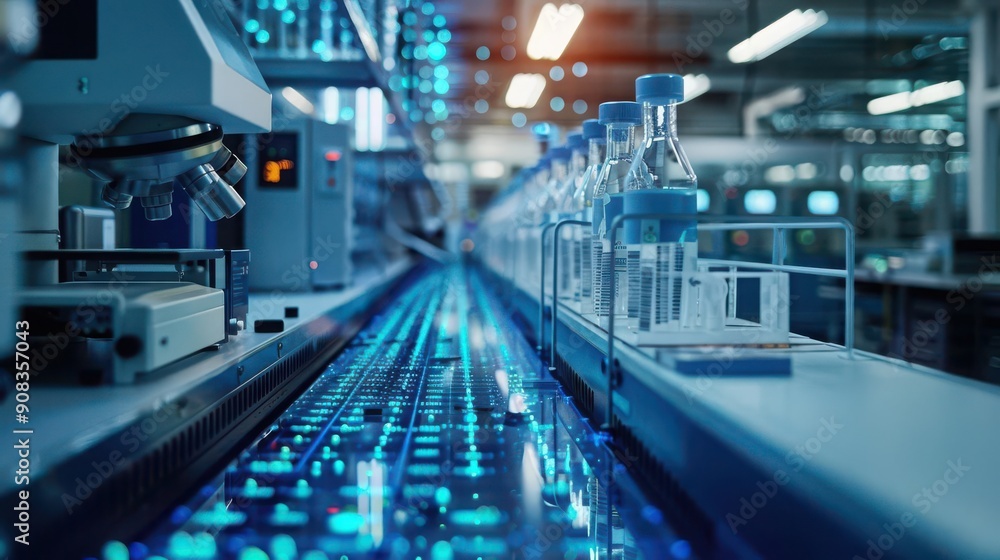 Fototapeta premium DNA sequencing automation, laboratory equipment, front view, intricate genetic process, cybernetic tone, Tetradic color scheme, copy space for text,