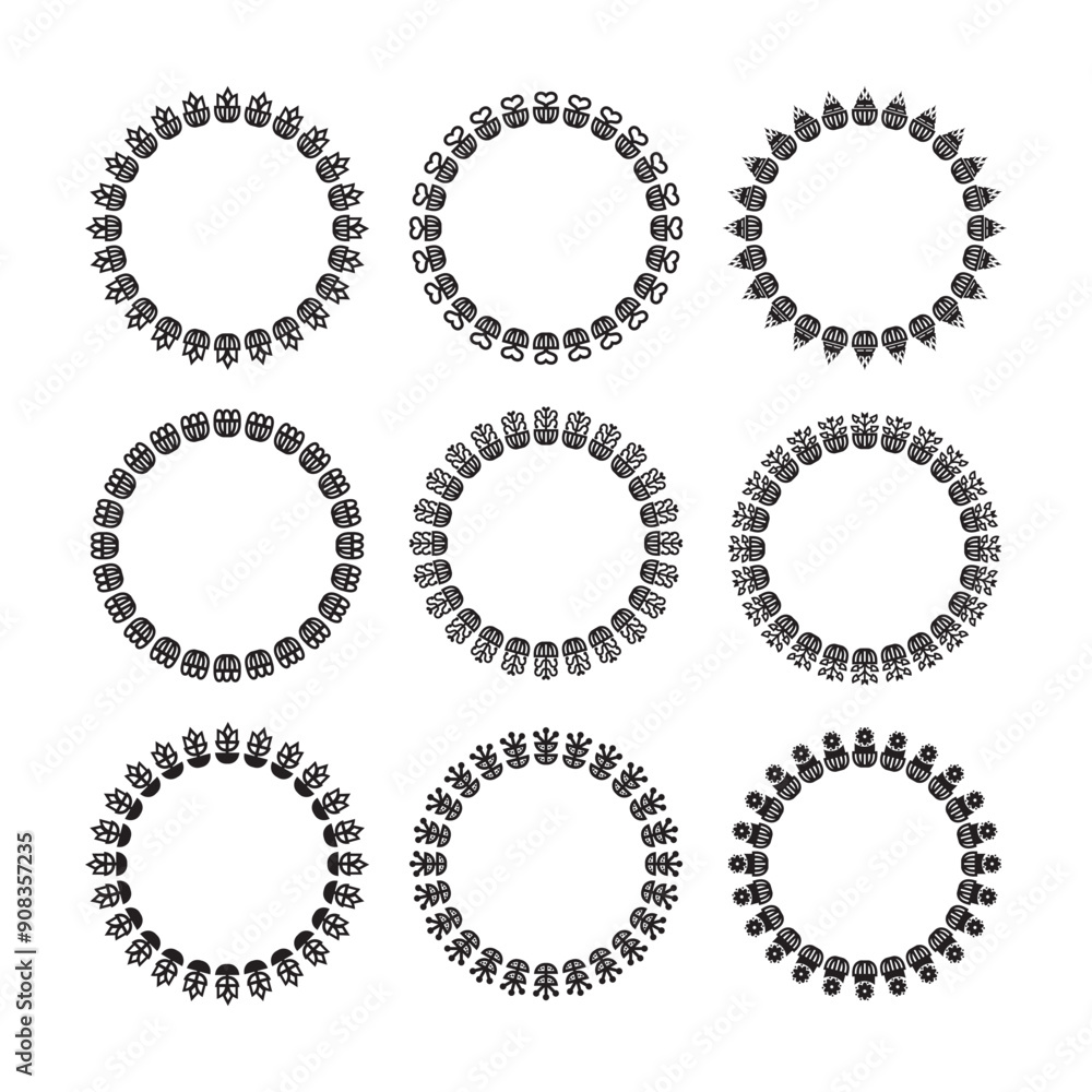 Black ink abstract and isolated art deco flowers circle and round empty border emblems icons set design elements on white background Black ink abstract and isolated art deco flowers circle and round empty border emblems icons set design elements on white background