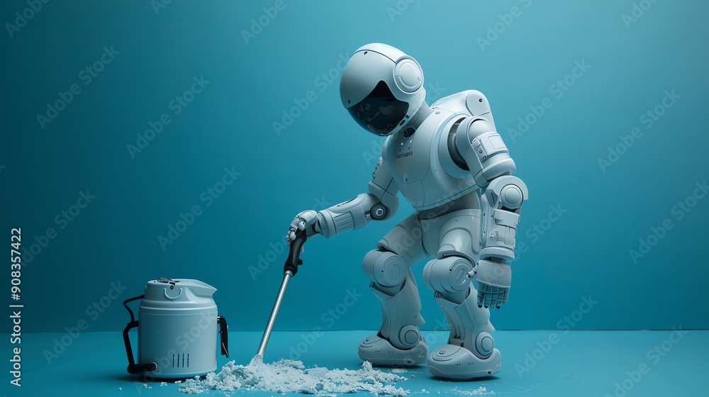 Naklejka premium A futuristic robot in a space suit interacts with a container, exploring an imaginative world of technology and curiosity.