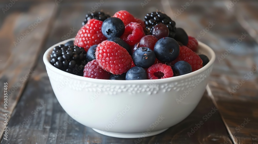 A white bowl filled with fresh raspberries, blueberries and blackberries. A white bowl filled with fresh raspberries, blueberries and blackberries.