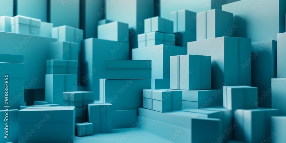 Obraz premium Futuristic Blue Tech Gift Boxes with Sleek Product Display Platform: Innovative 3D Rendering for High-Tech Marketing, Showcasing Cutting-Edge Packaging and Premium Presentation Space in Abstract Geome