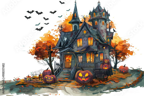 Spooky haunted house with Halloween pumpkins and autumn leaves under a full moon, perfect for festive season decor photo