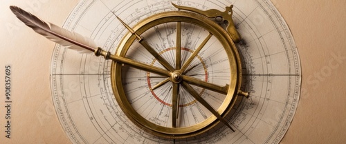 An antique brass astrolabe rests on a star chart with a quill pen nearby