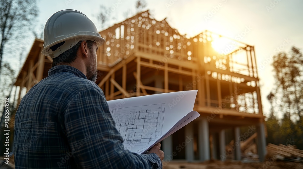 Architect Overseeing House Construction at Sunset Architect Overseeing House Construction at Sunset