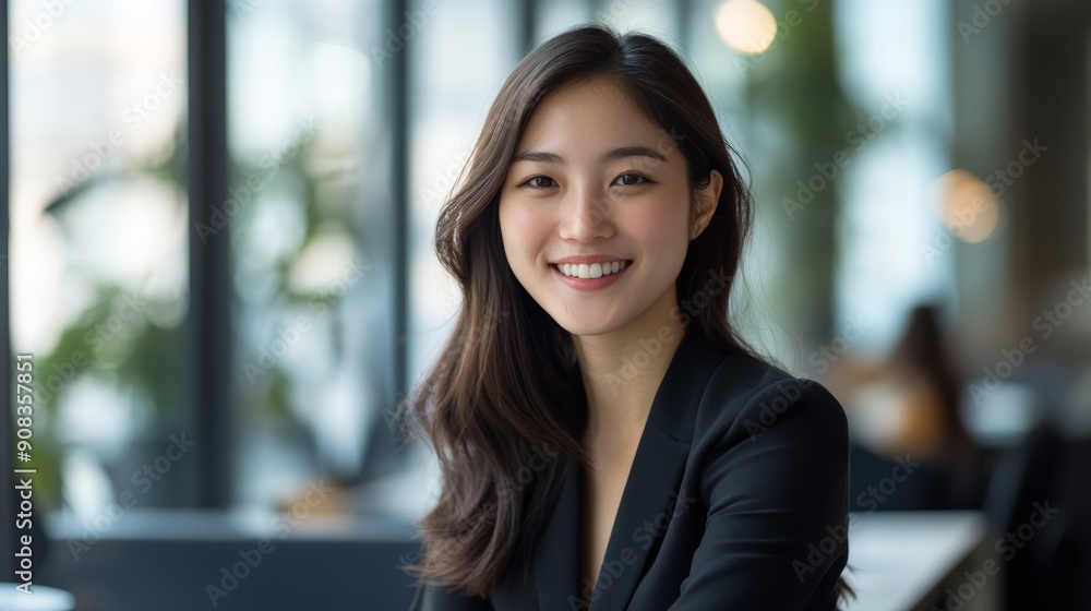 Confident Businesswoman Smiling in Modern Office Confident Businesswoman Smiling in Modern Office