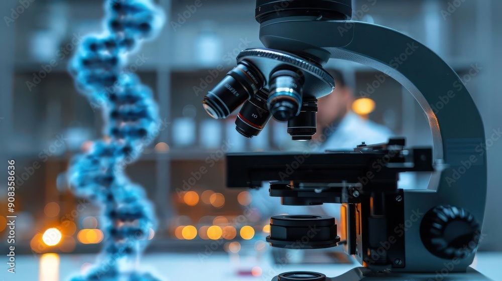 Microscope view of DNA sample, scientists in background, laboratory, front view, precision genetic study, cybernetic tone, Tetradic color scheme, copy space for text, Microscope view of DNA sample, scientists in background, laboratory, front view, precision genetic study, cybernetic tone, Tetradic color scheme, copy space for text,