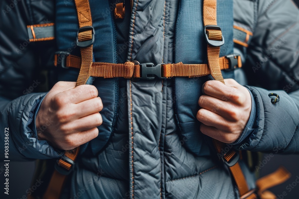 Close-up of a hiker's hands adjusting the straps of their backpack, emphasizing outdoor adventure and preparation for hiking. Close-up of a hiker's hands adjusting the straps of their backpack, emphasizing outdoor adventure and preparation for hiking.