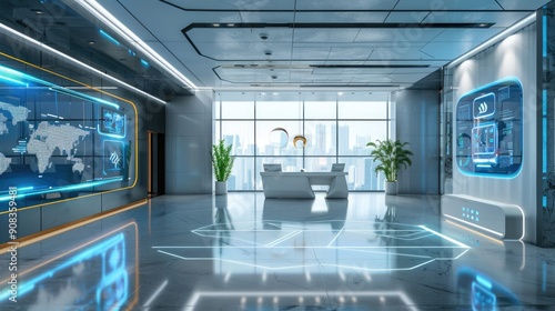 Office interior with a futuristic touch and digital displays