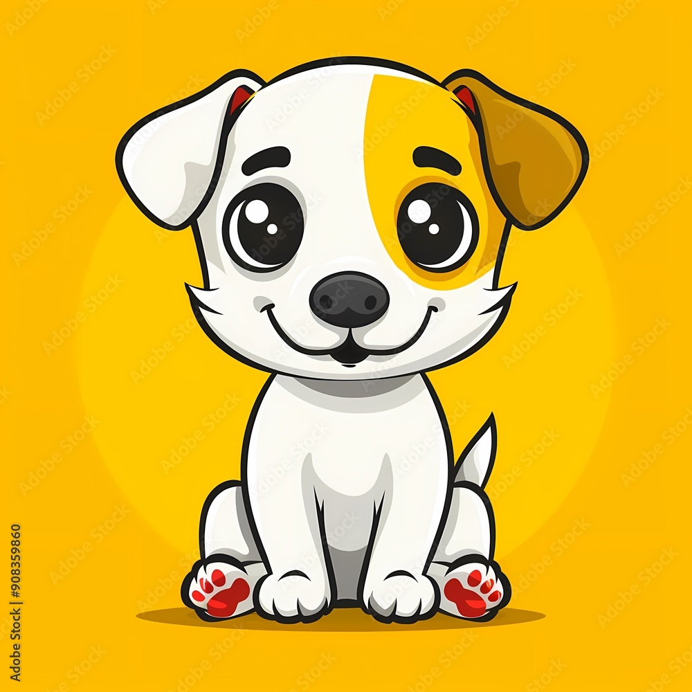 Fototapeta premium A cheerful cartoon puppy with big eyes and a friendly expression against a bright yellow background.