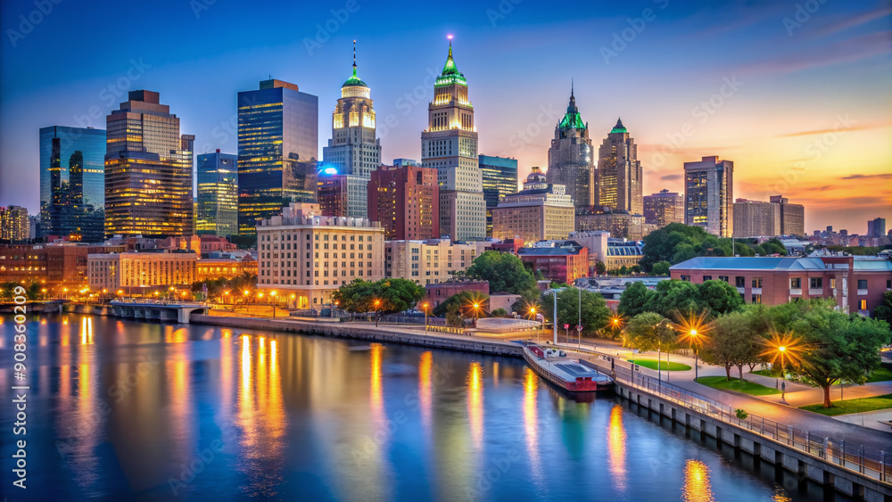 Fototapeta premium Historic Philadelphia cityscape featuring iconic towering skyscrapers and majestic architecture along picturesque Delaware River waterfront at dusk with vibrant blue hour tones.