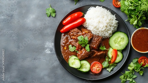 Beef Stew with Rice, Vegetables, and a Side of Sauce