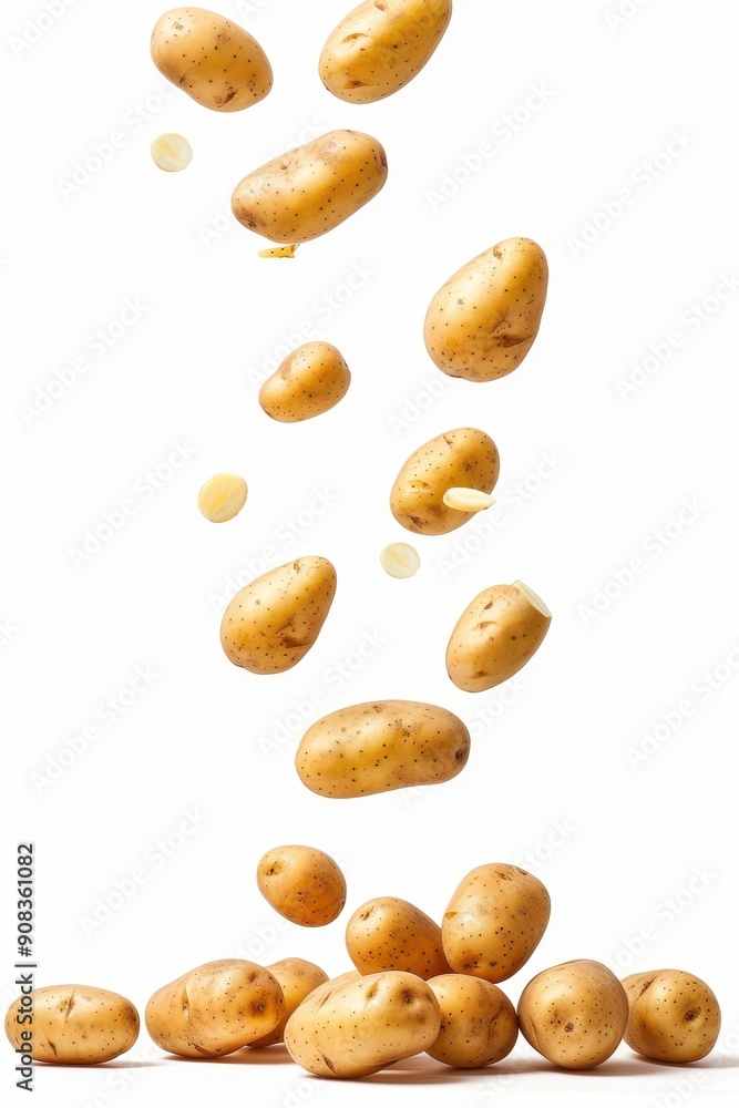 Obraz premium Falling Potatoes isolated on white background, full depth of field