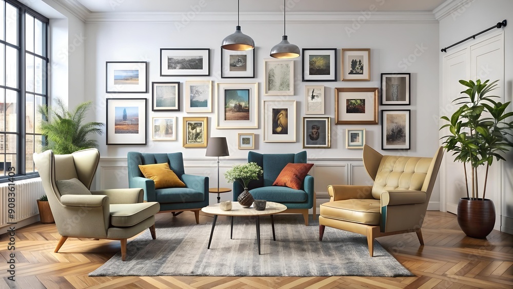Eclectic Living Room with Mismatched Armchairs and a Gallery Wall Generative AI Eclectic Living Room with Mismatched Armchairs and a Gallery Wall Generative AI