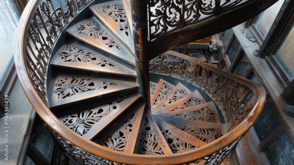 Fototapeta premium Spiral staircase with intricate metalwork and glass steps