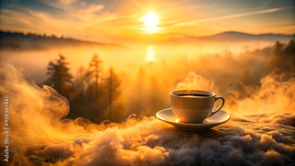A Misty Morning Latte: A coffee cup nestled amongst swirling fog, sunlight filtering through the mist, creating a wa Generative AI A Misty Morning Latte: A coffee cup nestled amongst swirling fog, sunlight filtering through the mist, creating a wa Generative AI