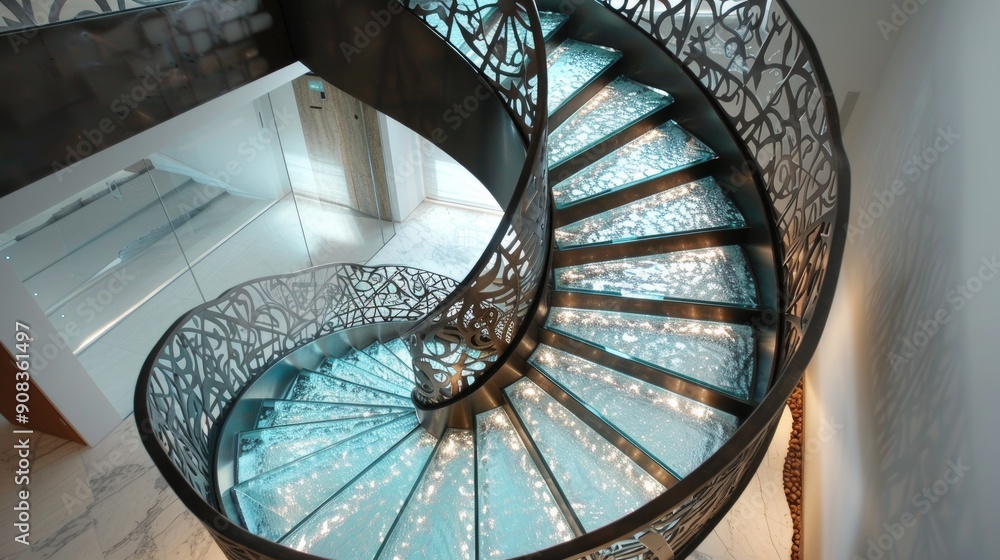 Fototapeta premium Spiral staircase with intricate metalwork and glass steps
