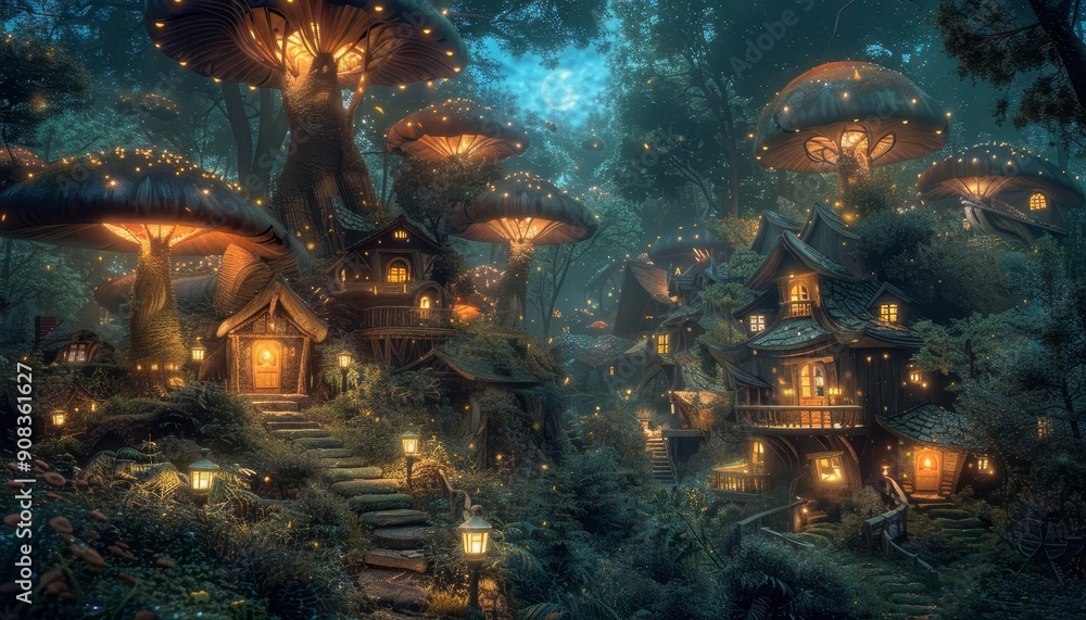 A whimsical scene of a fairy village nestled in giant mushrooms, with tiny glowing lights and magical creatures, Fantasy, Digital Art, Vibrant colors, High detail