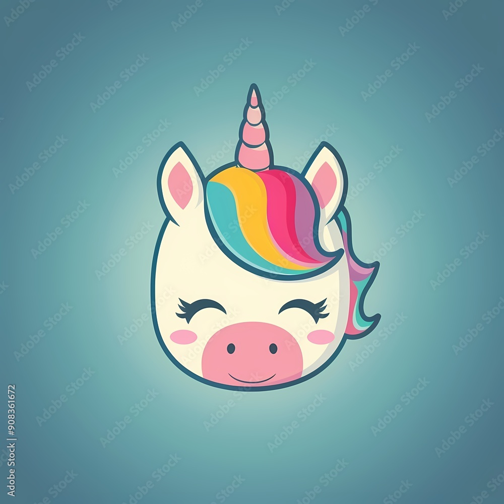 Fototapeta premium Cute cartoon unicorn with a colorful mane and smiling expression.