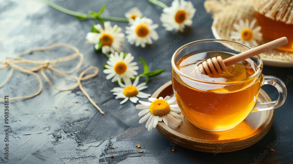 A glass cup of honey with a honey dipper, chamomile flowers, and a jar of honey in the background. A glass cup of honey with a honey dipper, chamomile flowers, and a jar of honey in the background.