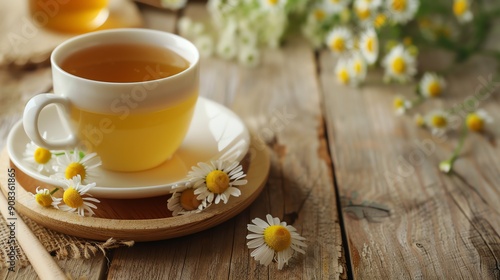 A cup of chamomile tea on a rustic wooden table with chamomile flowers.