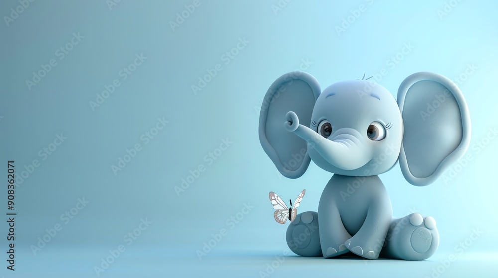 A cute cartoon baby elephant with a butterfly on a light blue background. A cute cartoon baby elephant with a butterfly on a light blue background.