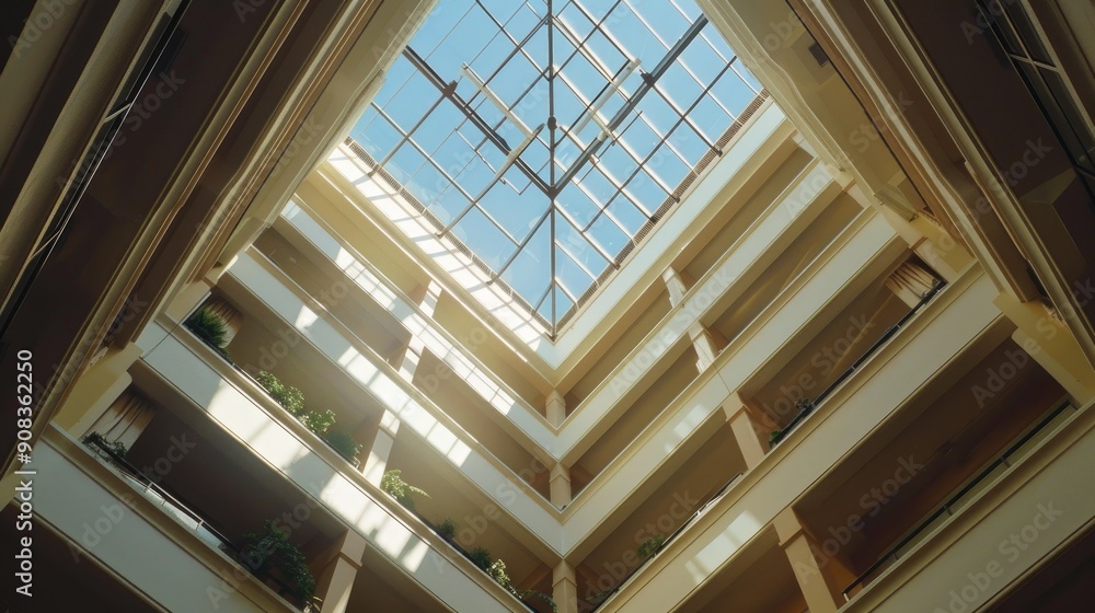 Obraz premium Symmetrical atrium with natural light filtering through a glass roof