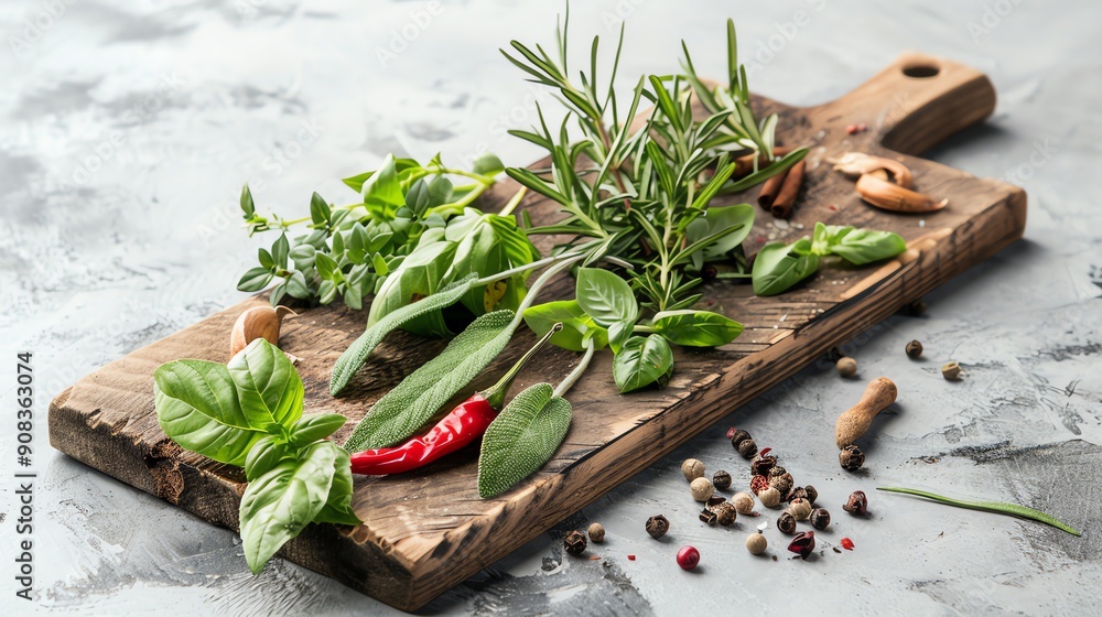 A wooden cutting board with fresh herbs and spices. A wooden cutting board with fresh herbs and spices.