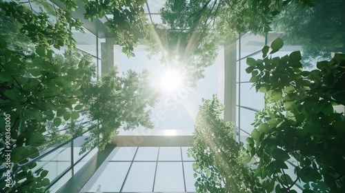 Symmetrical atrium with natural light filtering through a glass roof