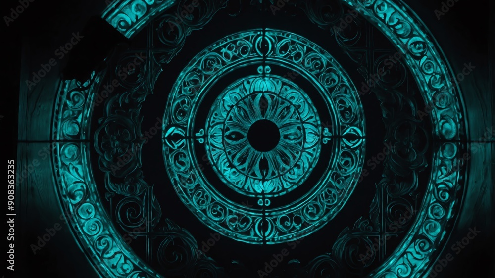 Fototapeta premium teal glowing magic circle in black background abstract background backdrop design copy space illustration art