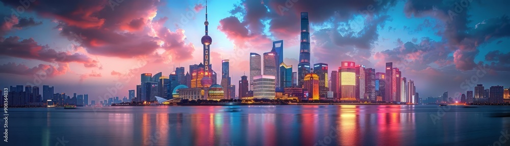 Obraz premium An urban skyline at dusk with skyscrapers illuminated by city lights, reflections on the water, and a vibrant sky, Photography, High detail, Dynamic cityscape