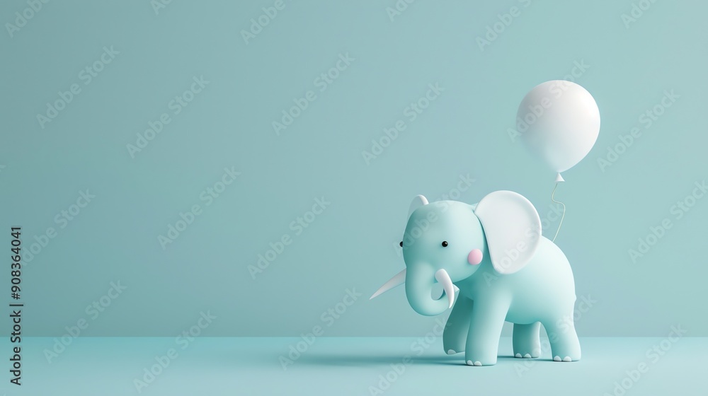 A cartoon elephant with a white balloon on a light blue background. A cartoon elephant with a white balloon on a light blue background.