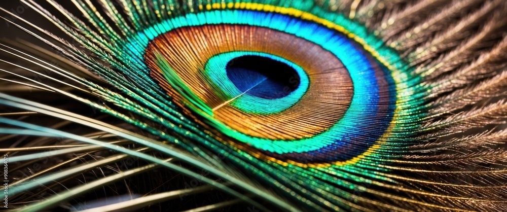 Fototapeta premium A macro shot showcasing the vibrant, iridescent colors of a peacock feather's eye