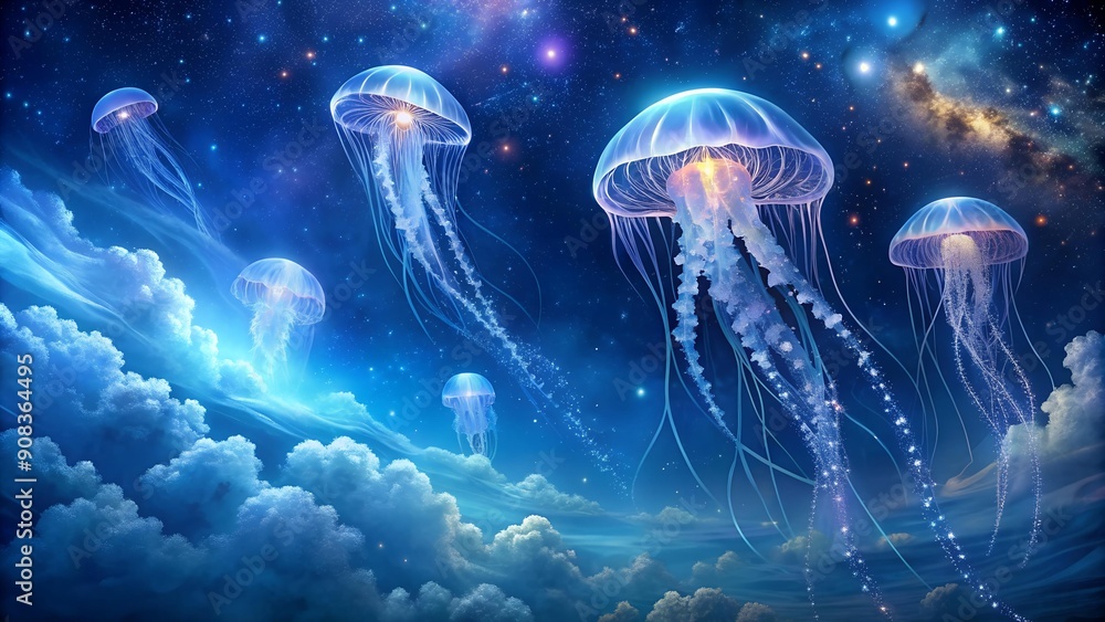 Naklejka premium Celestial Drift: Jellyfish Silhouettes Against a Starry Night Generative AI